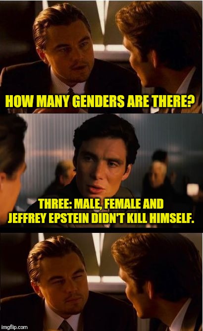 Epstein Ideology | HOW MANY GENDERS ARE THERE? THREE: MALE, FEMALE AND JEFFREY EPSTEIN DIDN'T KILL HIMSELF. | image tagged in memes,inception,jeffrey epstein,gender | made w/ Imgflip meme maker