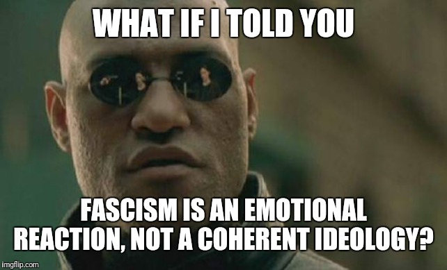 Matrix Morpheus Meme | WHAT IF I TOLD YOU; FASCISM IS AN EMOTIONAL REACTION, NOT A COHERENT IDEOLOGY? | image tagged in memes,matrix morpheus | made w/ Imgflip meme maker