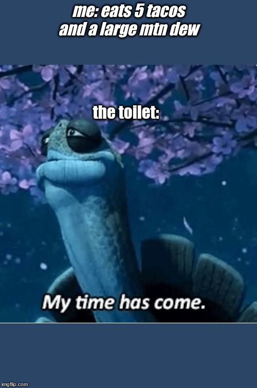 My Time Has Come | me: eats 5 tacos and a large mtn dew; the toilet: | image tagged in my time has come | made w/ Imgflip meme maker