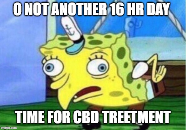 Mocking Spongebob Meme | O NOT ANOTHER 16 HR DAY; TIME FOR CBD TREETMENT | image tagged in memes,mocking spongebob | made w/ Imgflip meme maker