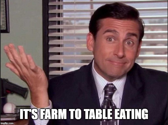 Michael Scott | IT'S FARM TO TABLE EATING | image tagged in michael scott | made w/ Imgflip meme maker