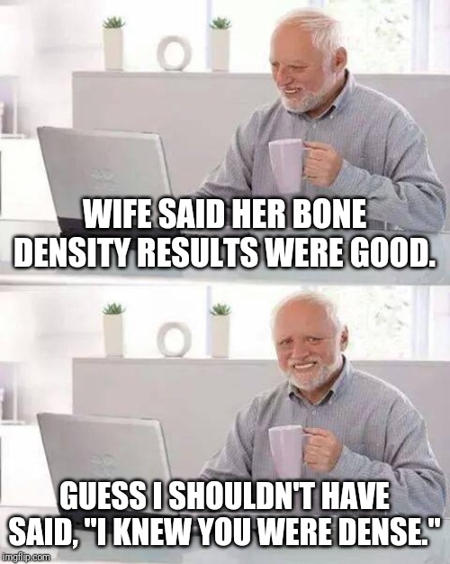 Aaaaand that's how the fight started... | WIFE SAID HER BONE DENSITY RESULTS WERE GOOD. GUESS I SHOULDN'T HAVE SAID, "I KNEW YOU WERE DENSE." | image tagged in memes,hide the pain harold,that's how the fight started,back in the doghouse again,sleeping on couch,bones | made w/ Imgflip meme maker