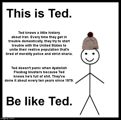 Screw Bill. Be like Ted. | This is Ted. Ted knows a little history about Iran. Every time they get in trouble domestically, they try to start trouble with the United States to unite their restive population that's tired of morality police and strict sharia. Ted doesn't panic when Ayatollah Fleabag blusters because Ted knows he's full of shit. They've done it about every ten years since 1979. Be like Ted. | image tagged in iran | made w/ Imgflip meme maker