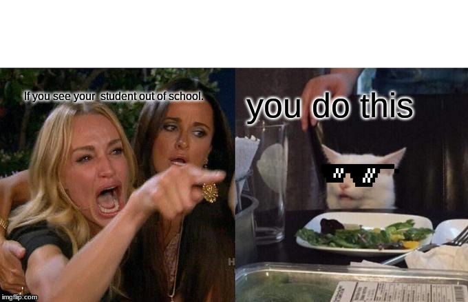 Woman Yelling At Cat Meme | If you see your  student out of school. you do this | image tagged in memes,woman yelling at cat | made w/ Imgflip meme maker