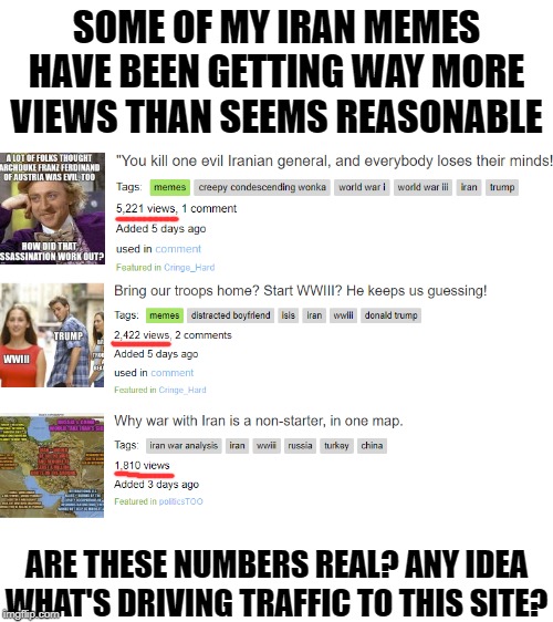 Where are these mysterious views coming from? |  SOME OF MY IRAN MEMES HAVE BEEN GETTING WAY MORE VIEWS THAN SEEMS REASONABLE; ARE THESE NUMBERS REAL? ANY IDEA WHAT'S DRIVING TRAFFIC TO THIS SITE? | image tagged in blank white template,views,imgflip,iran,imgflip trends,imgflip meme | made w/ Imgflip meme maker
