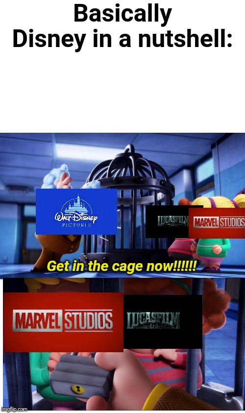 White screen  | Basically Disney in a nutshell:; Get in the cage now!!!!!! | image tagged in white screen | made w/ Imgflip meme maker