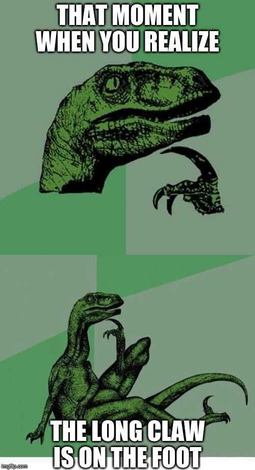 hmmmmmmm | THAT MOMENT WHEN YOU REALIZE; THE LONG CLAW IS ON THE FOOT | image tagged in memes,philosoraptor | made w/ Imgflip meme maker