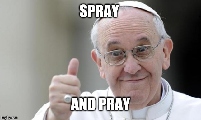 Pope francis | SPRAY AND PRAY | image tagged in pope francis | made w/ Imgflip meme maker