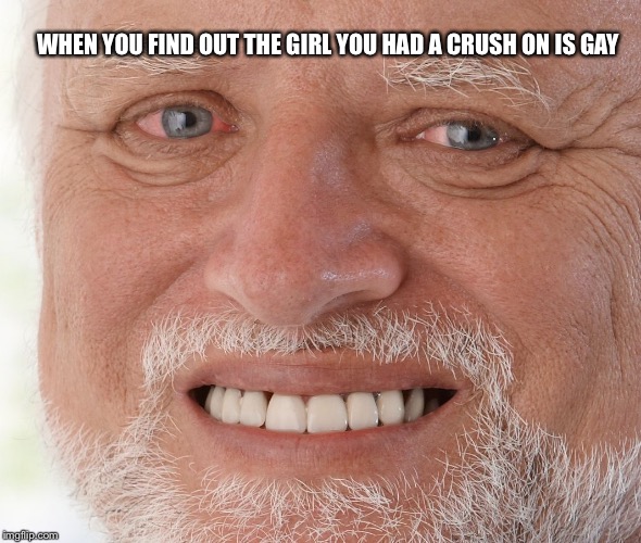 Hide the Pain Harold | WHEN YOU FIND OUT THE GIRL YOU HAD A CRUSH ON IS GAY | image tagged in hide the pain harold | made w/ Imgflip meme maker