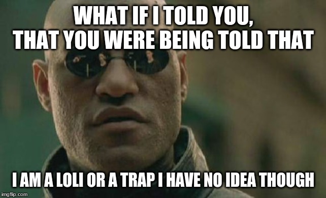 Matrix Morpheus Meme | WHAT IF I TOLD YOU, THAT YOU WERE BEING TOLD THAT; I AM A LOLI OR A TRAP I HAVE NO IDEA THOUGH | image tagged in memes,matrix morpheus | made w/ Imgflip meme maker