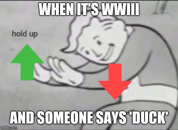 Fallout Hold Up | WHEN IT'S WWIII; AND SOMEONE SAYS 'DUCK' | image tagged in fallout hold up | made w/ Imgflip meme maker