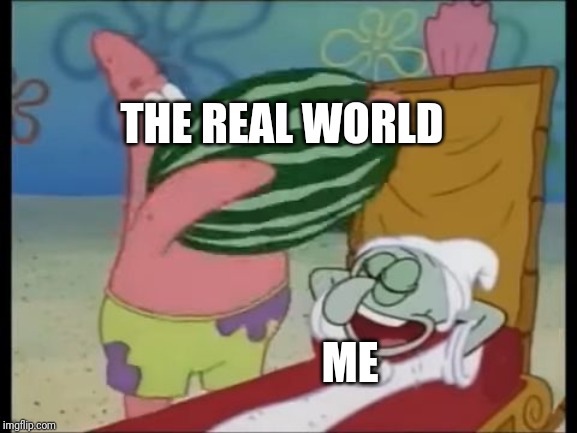 patrick spongebob watermelon | THE REAL WORLD; ME | image tagged in patrick spongebob watermelon | made w/ Imgflip meme maker