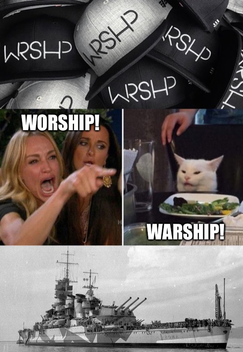 WORSHIP! WARSHIP! | image tagged in woman yelling at white cat | made w/ Imgflip meme maker