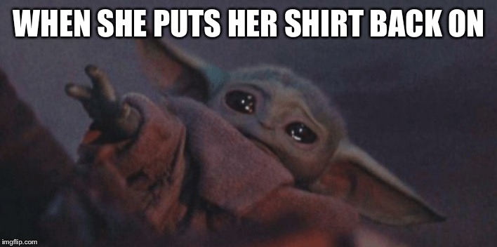Baby yoda cry | WHEN SHE PUTS HER SHIRT BACK ON | image tagged in baby yoda cry | made w/ Imgflip meme maker