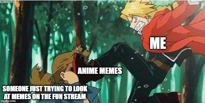 what i do | ME; ANIME MEMES; SOMEONE JUST TRYING TO LOOK
 AT MEMES ON THE FUN STREAM | image tagged in anime memes,fullmetal alchemist | made w/ Imgflip meme maker