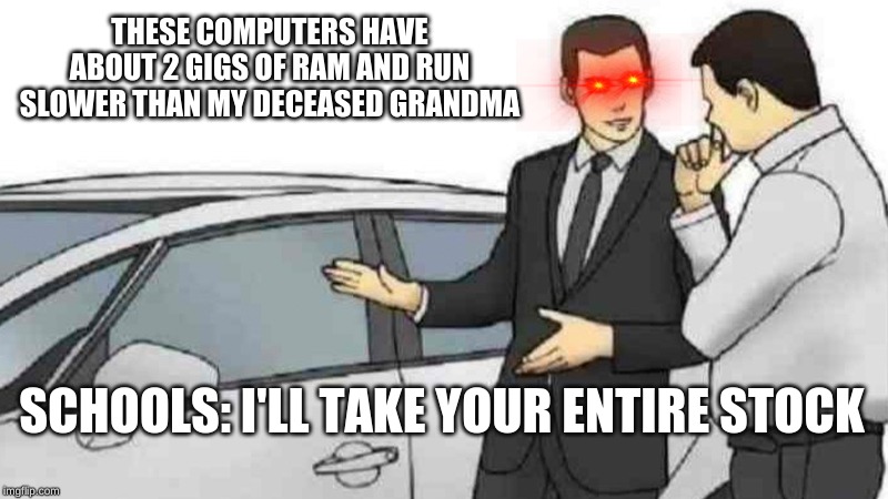 Car Salesman Slaps Roof Of Car | THESE COMPUTERS HAVE ABOUT 2 GIGS OF RAM AND RUN SLOWER THAN MY DECEASED GRANDMA; SCHOOLS: I'LL TAKE YOUR ENTIRE STOCK | image tagged in memes,car salesman slaps roof of car | made w/ Imgflip meme maker
