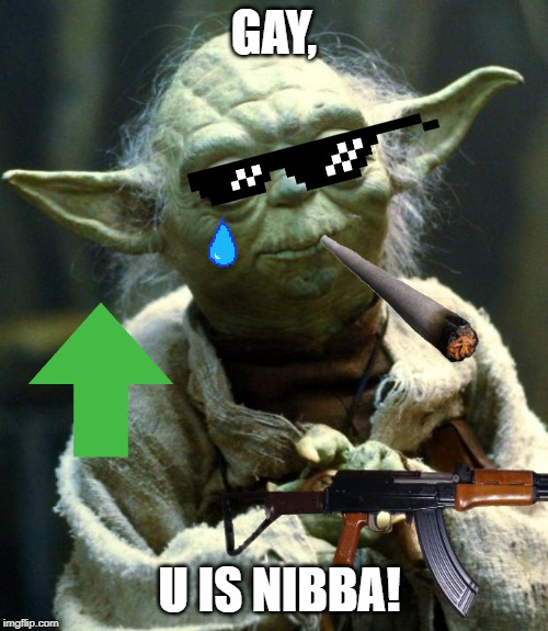 GAY, U IS NIBBA! | image tagged in star wars yoda | made w/ Imgflip meme maker