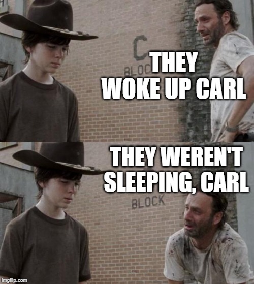 Rick and Carl Meme | THEY WOKE UP CARL THEY WEREN'T SLEEPING, CARL | image tagged in memes,rick and carl | made w/ Imgflip meme maker