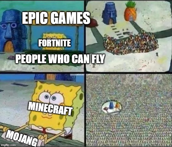 Spongebob Hype Stand | EPIC GAMES; PEOPLE WHO CAN FLY; FORTNITE; MINECRAFT; MOJANG | image tagged in spongebob hype stand | made w/ Imgflip meme maker