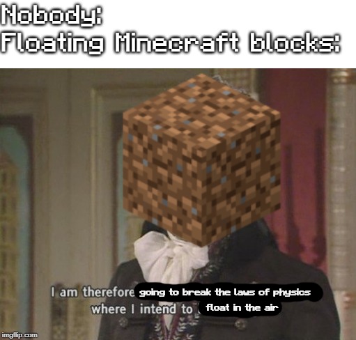 I am therefore leaving immediately for Nepal | Nobody:
Floating Minecraft blocks:; going to break the laws of physics; float in the air | image tagged in i am therefore leaving immediately for nepal | made w/ Imgflip meme maker