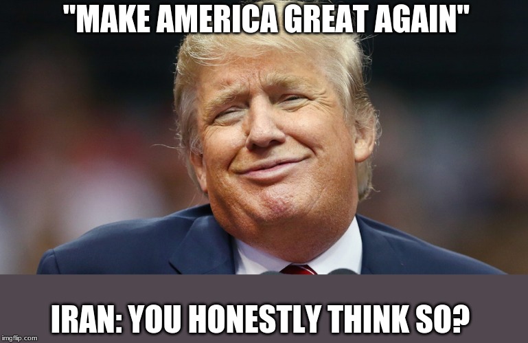 Random Dick Pic Trump | "MAKE AMERICA GREAT AGAIN"; IRAN: YOU HONESTLY THINK SO? | image tagged in random dick pic trump | made w/ Imgflip meme maker