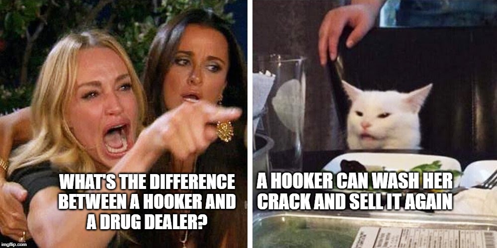 Smudge the cat | A HOOKER CAN WASH HER
CRACK AND SELL IT AGAIN; WHAT'S THE DIFFERENCE
BETWEEN A HOOKER AND
A DRUG DEALER? | image tagged in smudge the cat | made w/ Imgflip meme maker