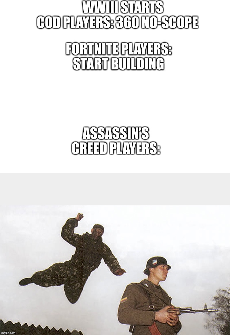 WWIII STARTS; COD PLAYERS: 360 NO-SCOPE; FORTNITE PLAYERS: START BUILDING; ASSASSIN’S CREED PLAYERS: | image tagged in blank white template,soldier getting jumped | made w/ Imgflip meme maker