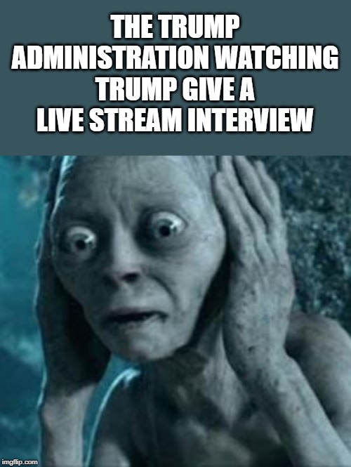 Scared Gollum | THE TRUMP ADMINISTRATION WATCHING TRUMP GIVE A LIVE STREAM INTERVIEW | image tagged in scared gollum | made w/ Imgflip meme maker