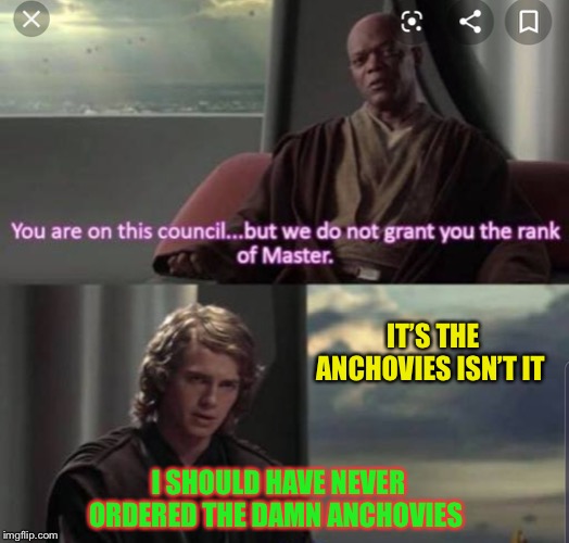 Jedi council | IT’S THE ANCHOVIES ISN’T IT I SHOULD HAVE NEVER ORDERED THE DAMN ANCHOVIES | image tagged in jedi council | made w/ Imgflip meme maker