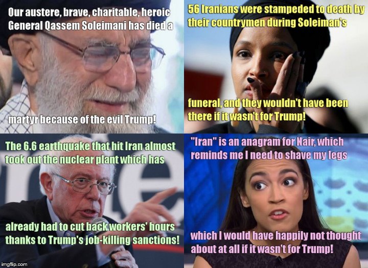 Blaming Trump | image tagged in blaming trump,iran,general qassem soleimani,blame trump for everything,crazy alexandria ocasio-cortez,political humor | made w/ Imgflip meme maker