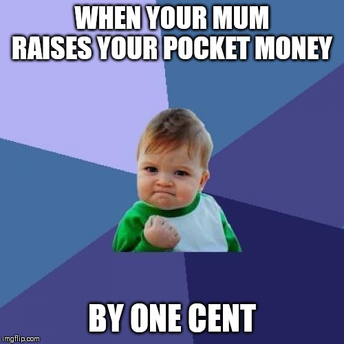 Success Kid | WHEN YOUR MUM RAISES YOUR POCKET MONEY; BY ONE CENT | image tagged in memes,success kid | made w/ Imgflip meme maker