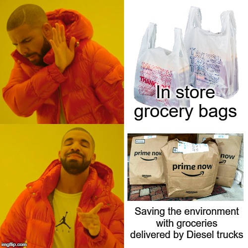 The sacrifices we make for the Earth | In store grocery bags; Saving the environment with groceries delivered by Diesel trucks | image tagged in memes,drake hotline bling,grocery bags,delivery | made w/ Imgflip meme maker