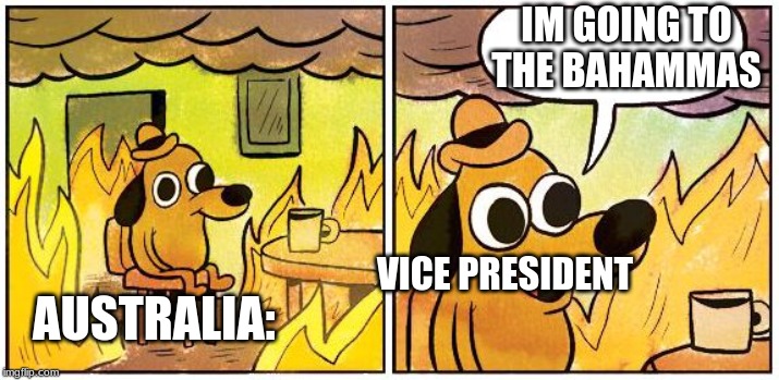 australia is dead | IM GOING TO THE BAHAMMAS; AUSTRALIA:; VICE PRESIDENT | image tagged in this is fine blank | made w/ Imgflip meme maker