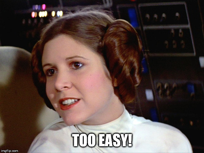 Princess Leia too easy | TOO EASY! | image tagged in princess leia too easy | made w/ Imgflip meme maker