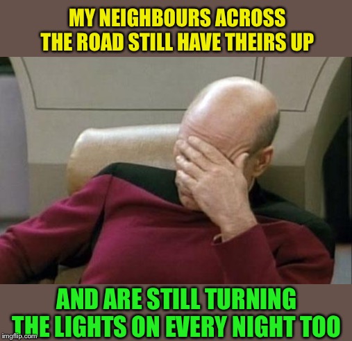 Captain Picard Facepalm Meme | MY NEIGHBOURS ACROSS THE ROAD STILL HAVE THEIRS UP AND ARE STILL TURNING THE LIGHTS ON EVERY NIGHT TOO | image tagged in memes,captain picard facepalm | made w/ Imgflip meme maker