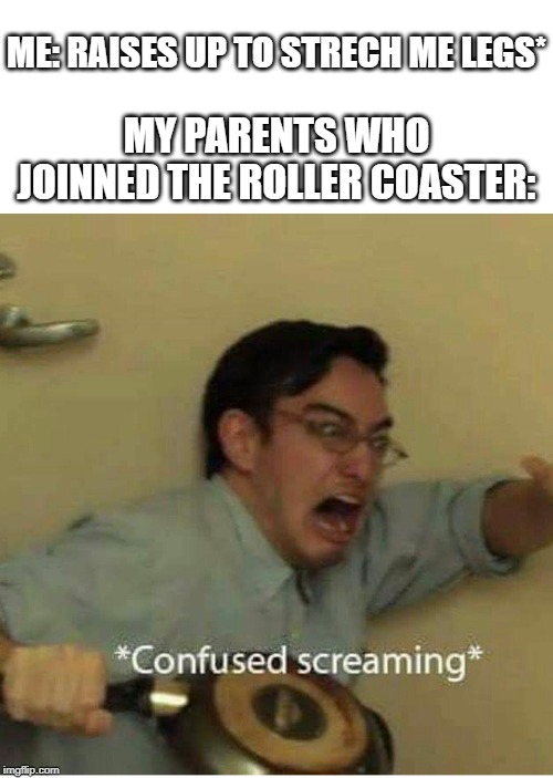 confused screaming | ME: RAISES UP TO STRECH ME LEGS*; MY PARENTS WHO JOINNED THE ROLLER COASTER: | image tagged in confused screaming | made w/ Imgflip meme maker