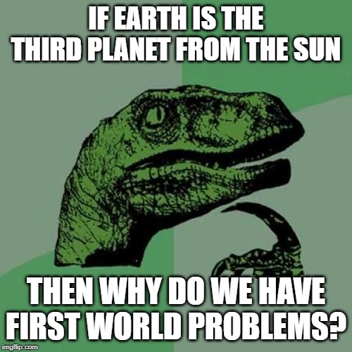 Philosoraptor | IF EARTH IS THE THIRD PLANET FROM THE SUN; THEN WHY DO WE HAVE FIRST WORLD PROBLEMS? | image tagged in memes,philosoraptor | made w/ Imgflip meme maker