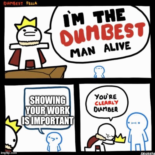 I'm the dumbest man alive | SHOWING YOUR WORK IS IMPORTANT | image tagged in i'm the dumbest man alive | made w/ Imgflip meme maker