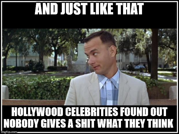 tom hanks | AND JUST LIKE THAT; HOLLYWOOD CELEBRITIES FOUND OUT NOBODY GIVES A SHIT WHAT THEY THINK | image tagged in tom hanks | made w/ Imgflip meme maker