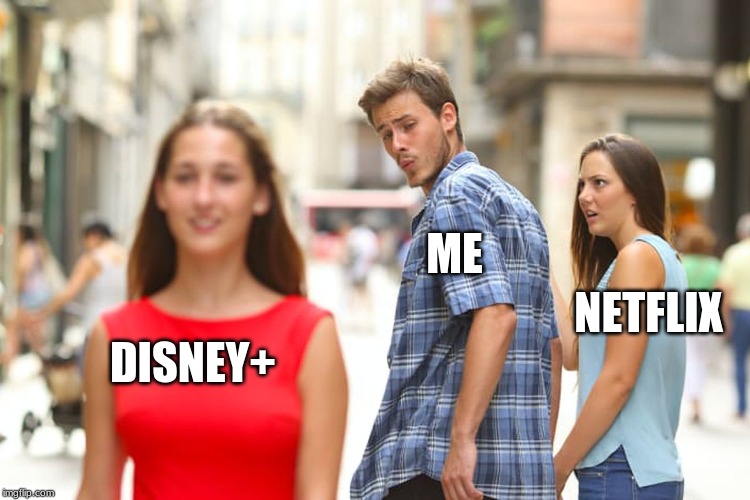Distracted Boyfriend | ME; NETFLIX; DISNEY+ | image tagged in memes,distracted boyfriend | made w/ Imgflip meme maker
