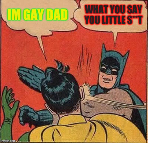 Batman Slapping Robin | IM GAY DAD; WHAT YOU SAY YOU LITTLE S**T | image tagged in memes,batman slapping robin | made w/ Imgflip meme maker