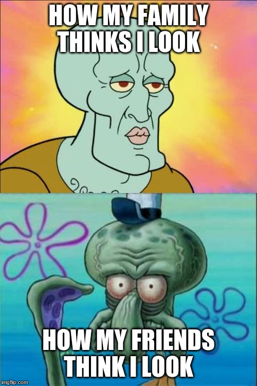 Squidward | HOW MY FAMILY THINKS I LOOK; HOW MY FRIENDS THINK I LOOK | image tagged in memes,squidward | made w/ Imgflip meme maker