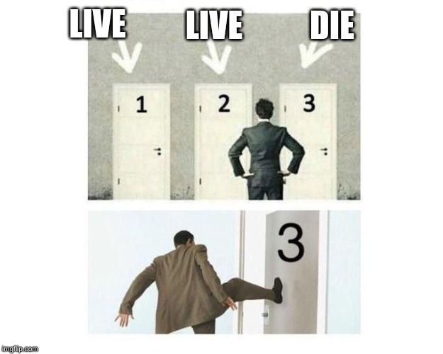 3 doors | DIE; LIVE; LIVE | image tagged in 3 doors | made w/ Imgflip meme maker