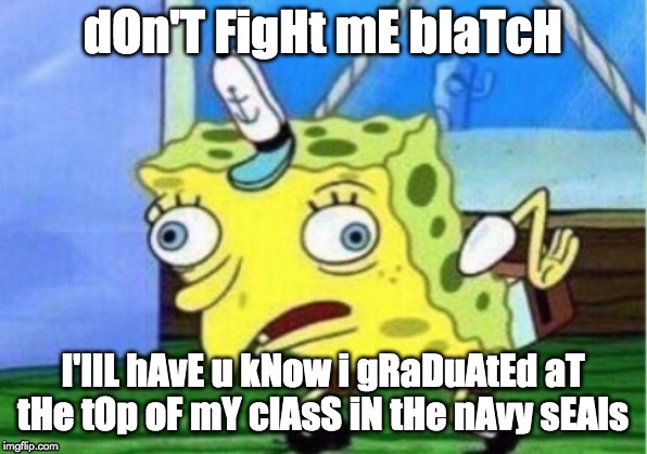 Mocking Spongebob | dOn'T FigHt mE bIaTcH; I'llL hAvE u kNow i gRaDuAtEd aT tHe tOp oF mY clAsS iN tHe nAvy sEAls | image tagged in memes,mocking spongebob | made w/ Imgflip meme maker