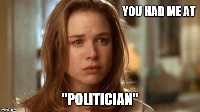 Jerry Maguire you had me at hello | YOU HAD ME AT "POLITICIAN" | image tagged in jerry maguire you had me at hello | made w/ Imgflip meme maker