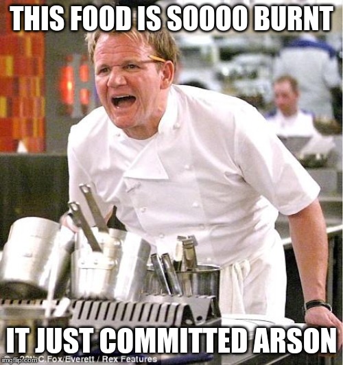 Chef Gordon Ramsay | THIS FOOD IS SOOOO BURNT; IT JUST COMMITTED ARSON | image tagged in memes,chef gordon ramsay | made w/ Imgflip meme maker