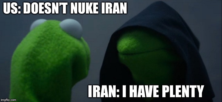 Evil Kermit | US: DOESN’T NUKE IRAN; IRAN: I HAVE PLENTY | image tagged in memes,evil kermit | made w/ Imgflip meme maker