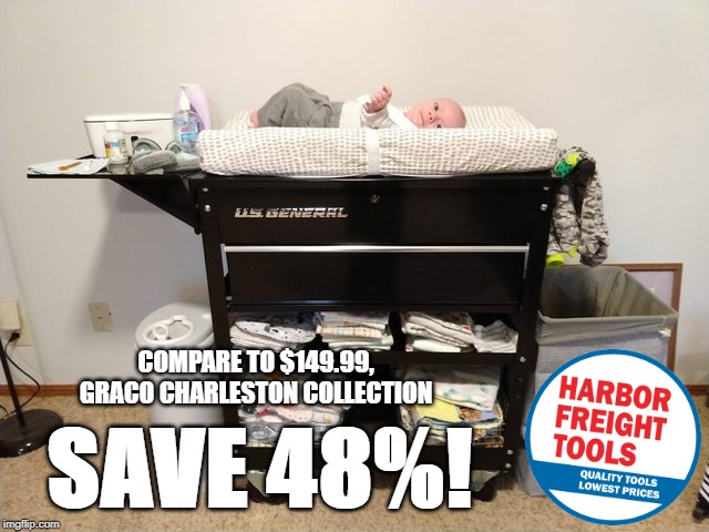 Harbor Freight Changing Table | COMPARE TO $149.99, GRACO CHARLESTON COLLECTION; SAVE 48%! | image tagged in harbor freight changing table | made w/ Imgflip meme maker