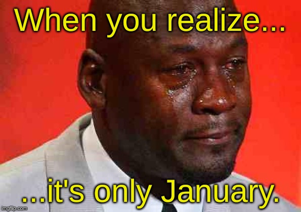2020...what a year, amiright? | When you realize... ...it's only January. | image tagged in crying michael jordan,2020 | made w/ Imgflip meme maker