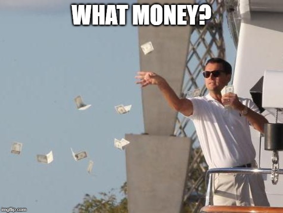 Leonardo DiCaprio throwing Money  | WHAT MONEY? | image tagged in leonardo dicaprio throwing money | made w/ Imgflip meme maker
